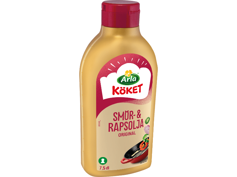 Matoljeflaska med etikett där det står 'Smör- & Rapsolja Original'.
