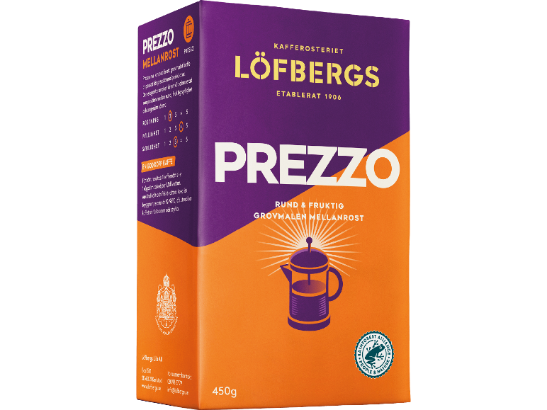 Lila-orange förpackning med malet kaffe och en bild av en presskanna.