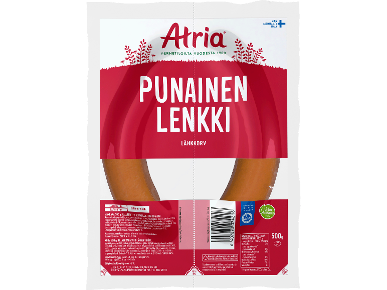 Förpackning med röd korv med finsk och svensk text, med näringsinformation.