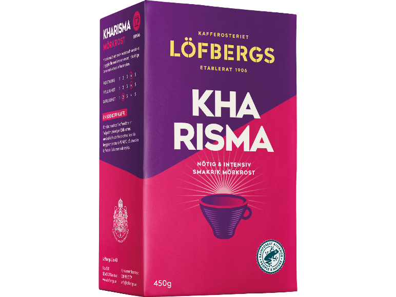 Lila-rosa förpackning med malet kaffe med texten 'Kharisma' och smakinformation.