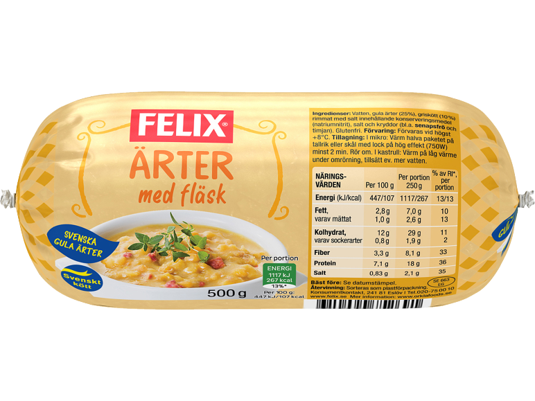 Förpackning med gul ärtsoppa med fläsk, med närings- och tillagningsinformation.