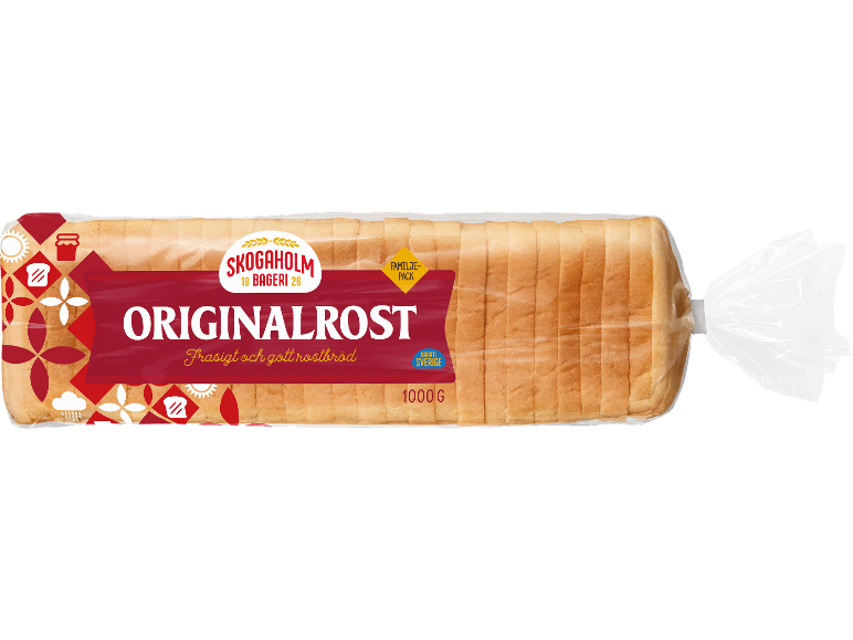 Rostbröd med texten 'Originalrost' och '1000 G' i familjeförpackning.