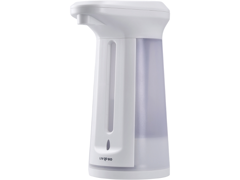 Vit automatisk tvåldispenser med transparent behållare och sensor