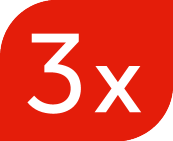 Rött märke med vit text '3x'.