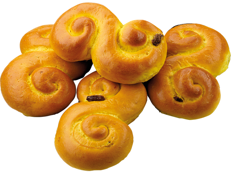 S-formade saffransbullar med russin, staplade