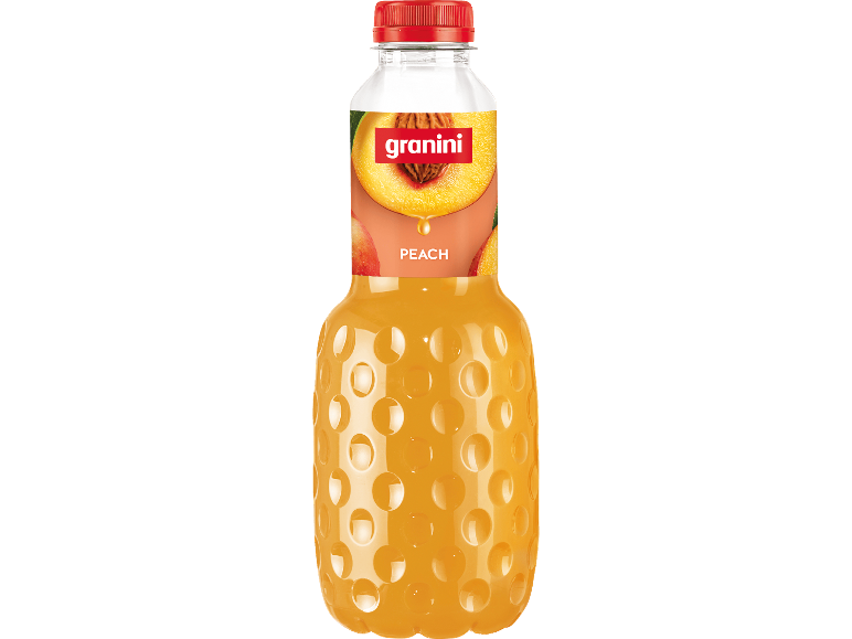 Persikojuiceflaska med rött lock och etikett med en halv persika.