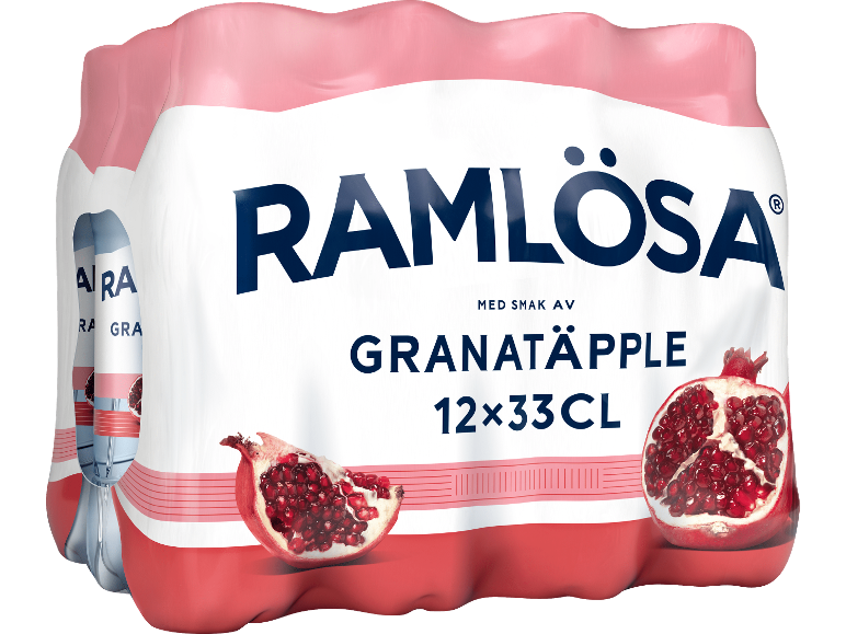 Förpackning med 12 flaskor kolsyrat vatten med granatäpplesmak, med texten ”GRANATÄPPLE”.