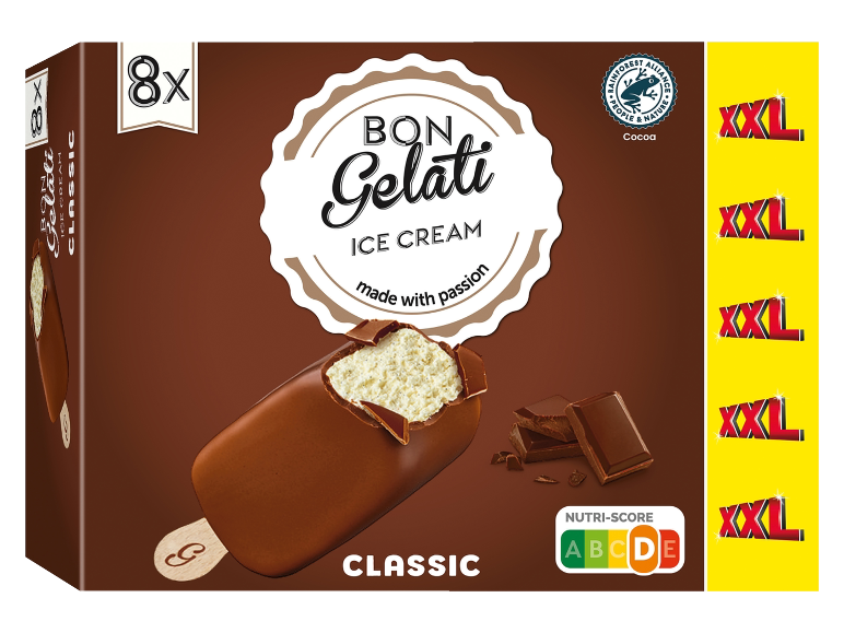 Chokladglasslåda med 8 stycken, märkt 'Classic' och 'XXL'.