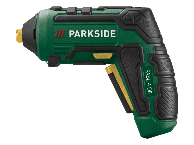 Grön sladdlös skruvdragare med texten 'PARKSIDE' och 'PASL 4 D8'.