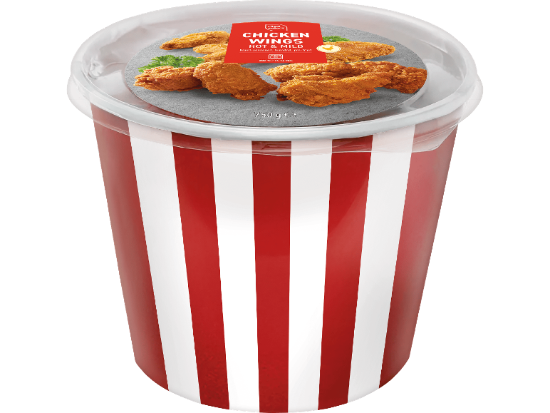 Chef Select Chicken Wings Hot & Mild i en röd- och vitrandig hink, 750g.