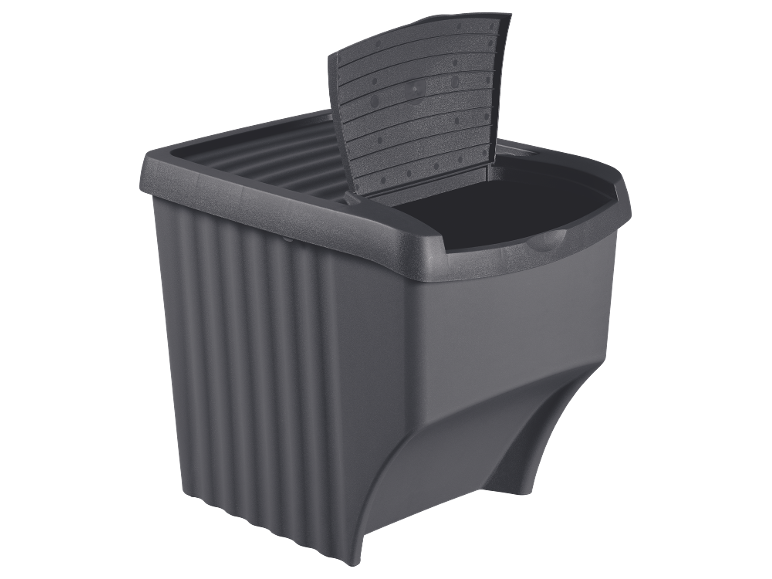 Mörkgrå förvaringslåda i plast med öppet lock.