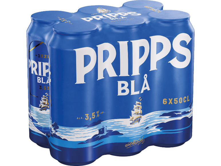 Sexpack blåa dryckesburkar, med texten 'BLÅ' och 3,5% alkohol.