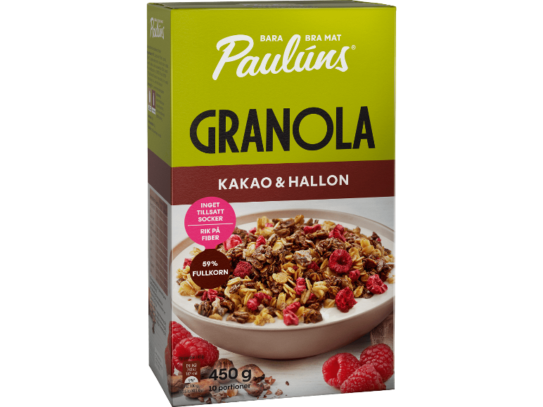 Kakao- och hallongranola i en förpackning på 450 g.