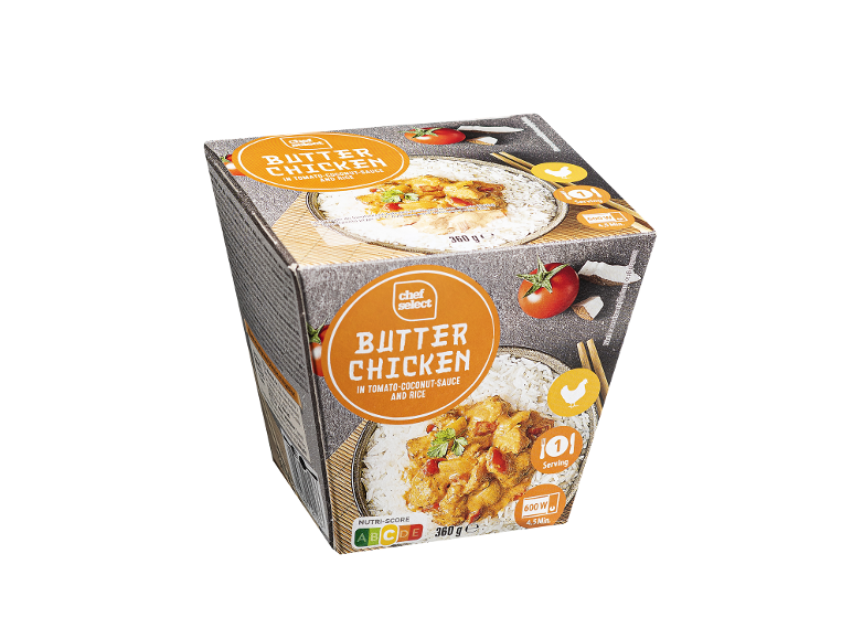 Smörkyckling i tomat-kokossås med ris, 360 g, Nutri-Score A.