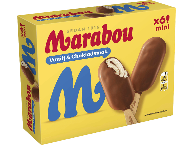 Gul låda med mini vanilj- och chokladglassar, en biten.