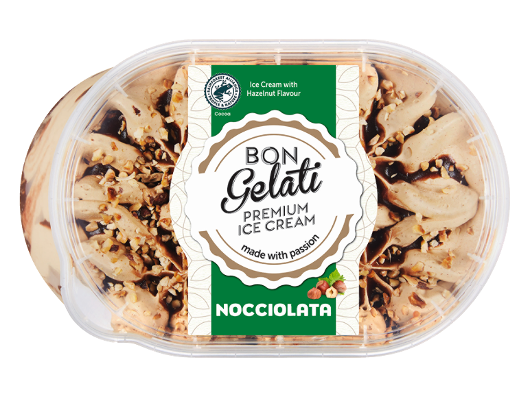 Nocciolata glass med hasselnötssmak, med Rainforest Alliance-certifiering.