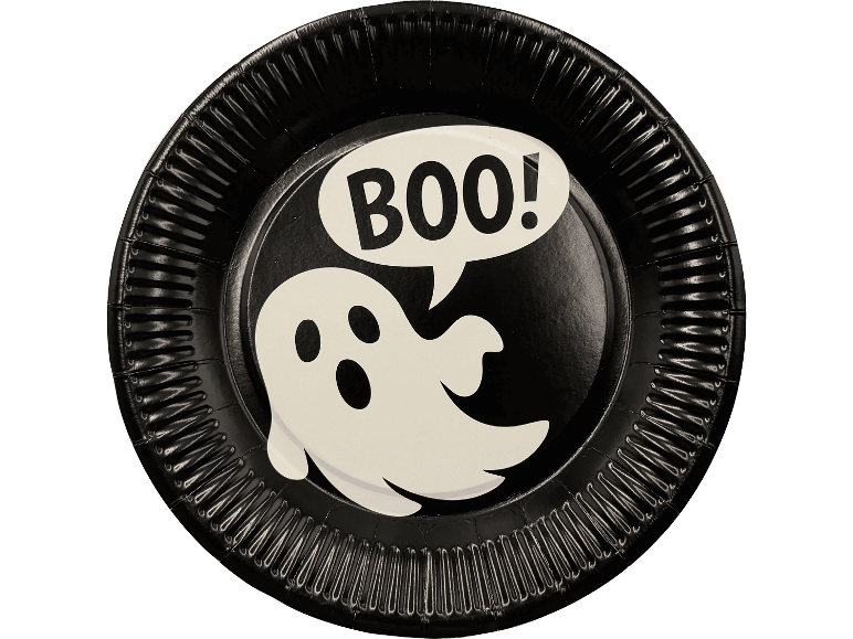 Svart Halloween-papperstallrik med ett vitt spöke som säger BOO!