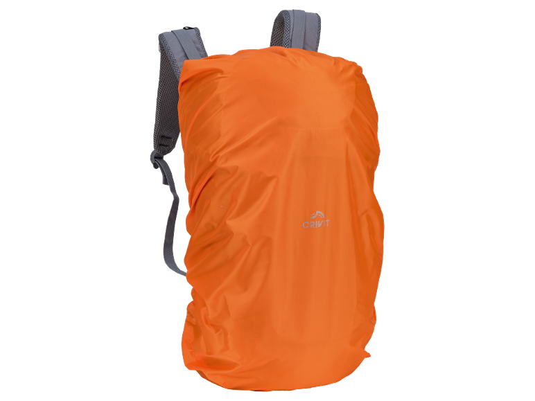 Orange regnskydd för ryggsäck med grå remmar