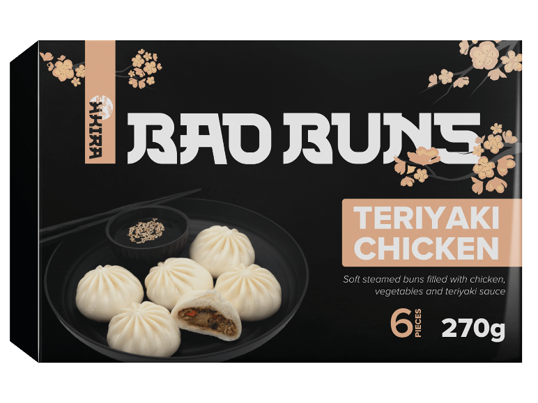 Förpackning för teriyaki kycklingångbullar med en skål sås och ätpinnar.