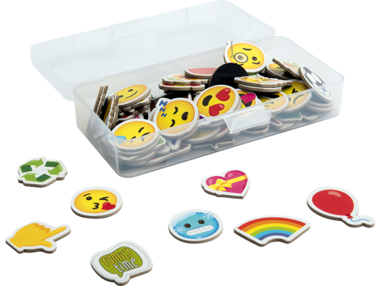Låda med magneter formade som emojis och andra symboler som återvinning, regnbåge och ballong.