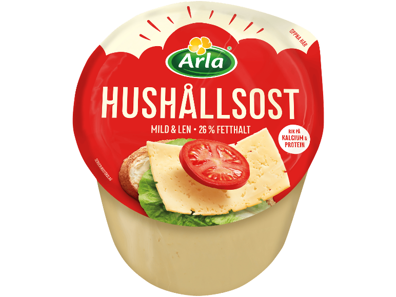 Förpackning med mild ost med 26% fetthalt, rik på kalcium och protein, med en tomatskiva.