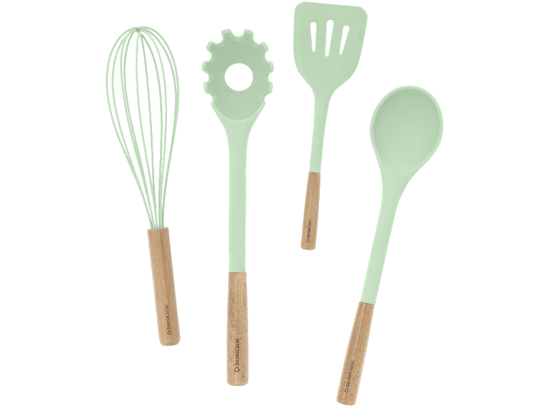 Set med mintgröna köksredskap i silikon med trähandtag.
