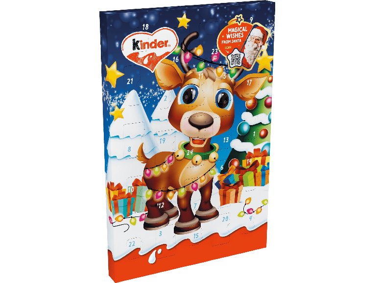 Julkalender med motiv av en ren och julklappar.
