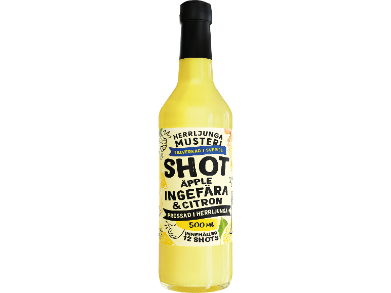 Flaska med äppel-, ingefära- och citronsaft, 500 ml, 12 shots.