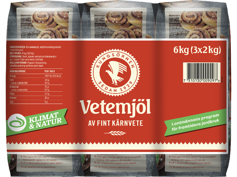 Förpackning med 6 kg vetemjöl med bild av kanelbullar och näringsinformation.