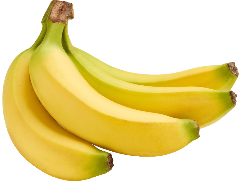 Knippe bananer med gula och gröna frukter mot en svart bakgrund.