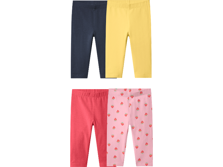 Fyra par barnleggings: mörkblå, gula, röda och rosa med jordgubbstryck.