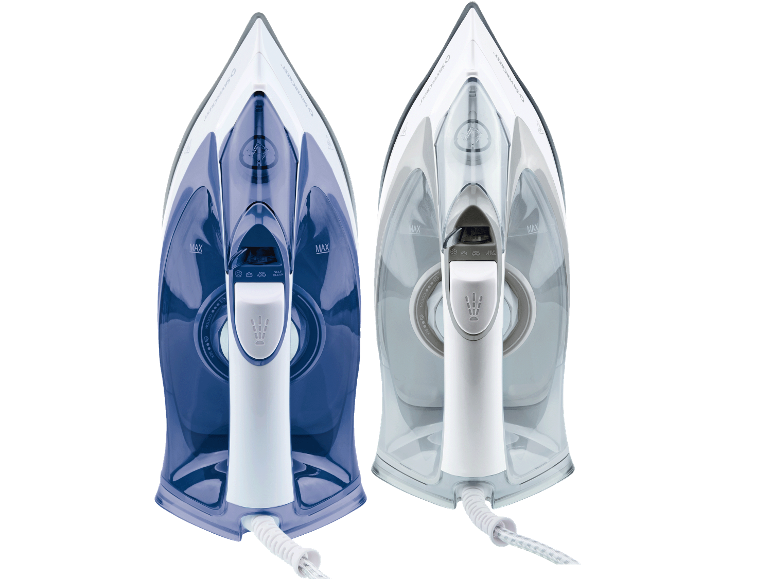 Två ångstrykjärn, ett blått och ett transparent, med inställningarna 'MAX', 'SELF CLEAN', 'COTTON' och 'SILK'.