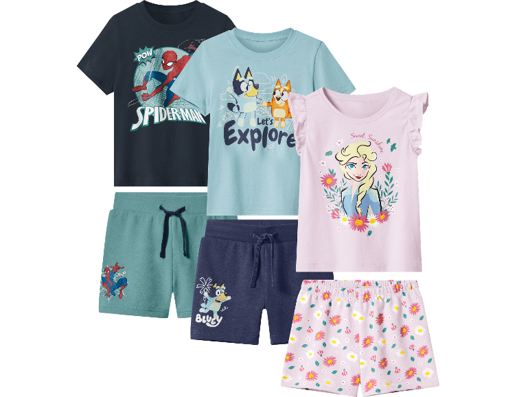 Barn-t-shirts och shorts med superhjälte-, tecknad hund- och prinsessmotiv.