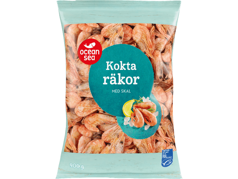Påse med kokta räkor med skal, 900g, med hållbart fiske-logotyp.