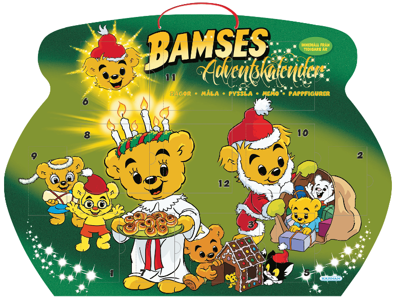 Grön adventskalender med tecknade björnar som firar jul med svensk text.