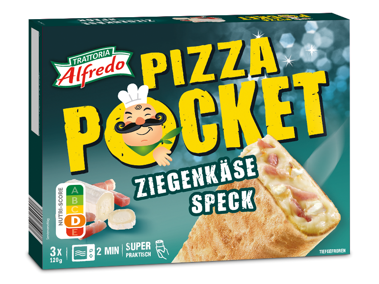 Frysta pizzabrödsfickor med getost och bacon, Nutri-Score D, 3x120g, klara på 2 minuter.