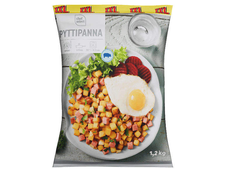 XXL Pyttipanna-förpackning med potatis, skinka, stekt ägg och rödbetor, 1,2 kg.