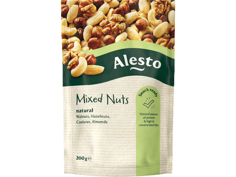 Alesto Blandade Nötter naturliga med valnötter, hasselnötter, cashewnötter och mandlar, 200g.
