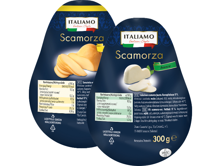 Två förpackningar scamorza, en rökt och en vit, med näringsinformation.
