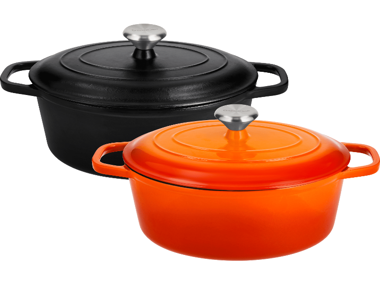 Två Silvercrest gjutjärnsgrytor: en orange och en svart.