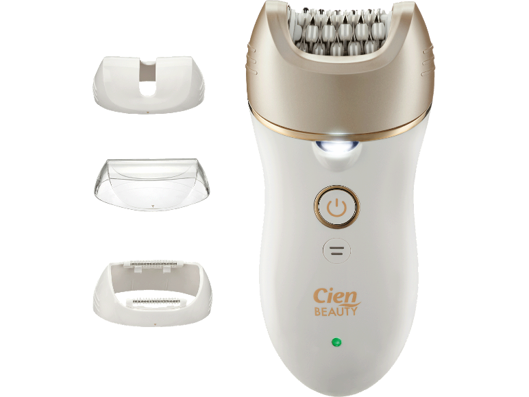 Elektrisk epilator med guldhuvud och utbytbara tillbehör.