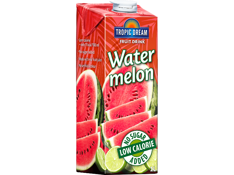 Vattenmelonfruktdryck i en röd kartong med texten 'Low Calorie No Sugar Added'.
