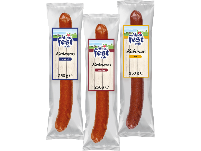 Tre förpackningar kabanosskorvar i original, paprika och östlig smak, 250g vardera.