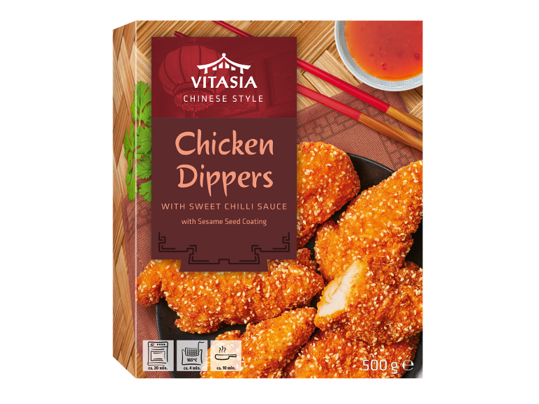 Kycklingdippers i kinesisk stil med söt chilisås och sesamfröbeläggning, 500 g.