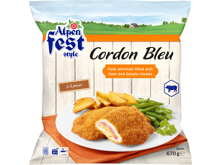 Fryst Cordon Bleu med fläsk, skinka och Goudaost, 3-5 bitar, 670g.
