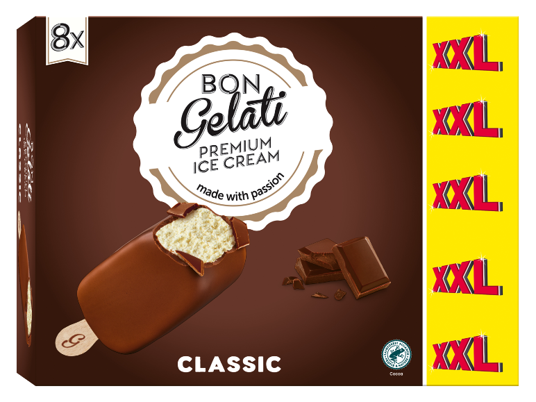 Kartong med chokladöverdragna glasspinnar, märkt 'XXL' och '8x'.