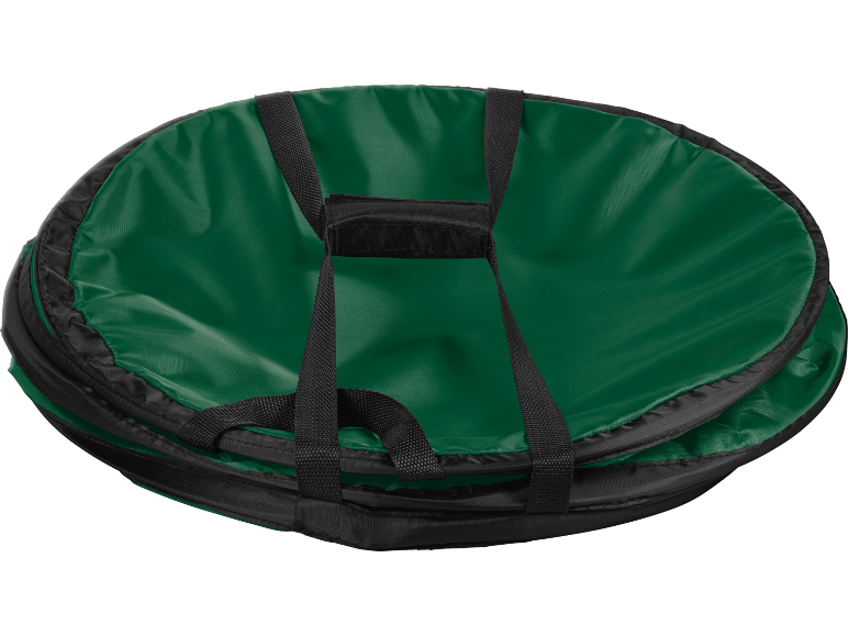 Hopfällbar tvättkorg eller trädgårdsavfallspåse, grön med svarta handtag.