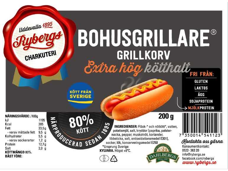 Förpackning grillkorv med hög kötthalt, glutenfri och laktosfri.