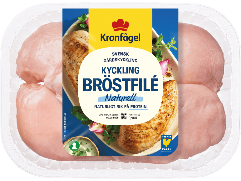 Förpackning med färsk kycklingbröstfilé, 900g.