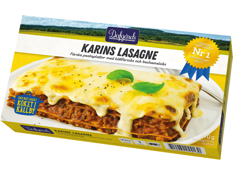 Lasagneförpackning med köttfärssås och bechamelsås, med märkning ”Nr 1 mest sålda enportionsrätt”.